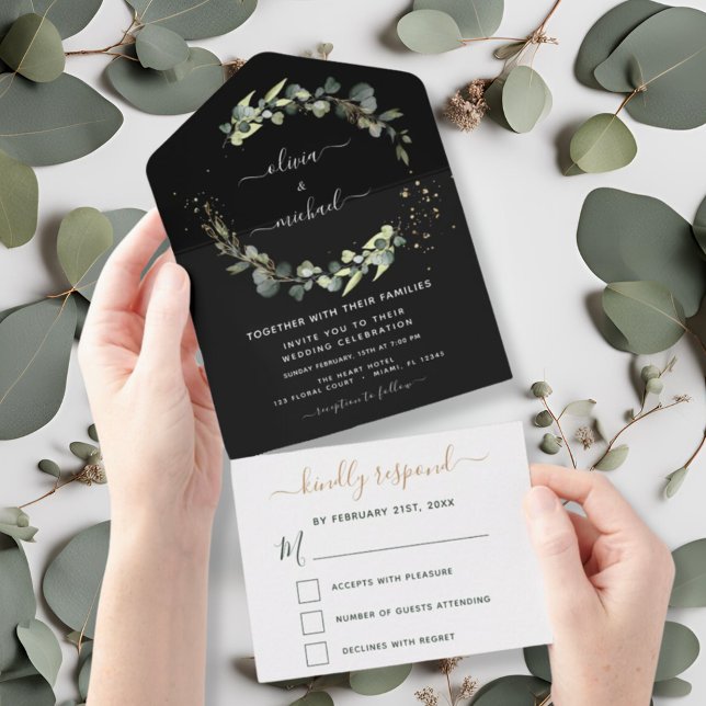 Eucalyptus Black Greenery Wedding Elegant Modern All In One Invitation (Creator Uploaded)