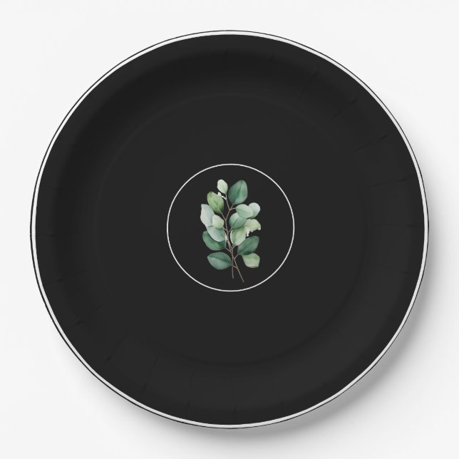  Eucalyptus Black Upscale Wedding Paper Plates (Front)