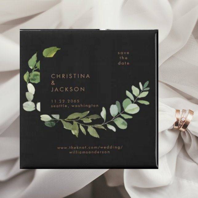 Eucalyptus Black Wedding Square Save the Date Magnet (Creator Uploaded)