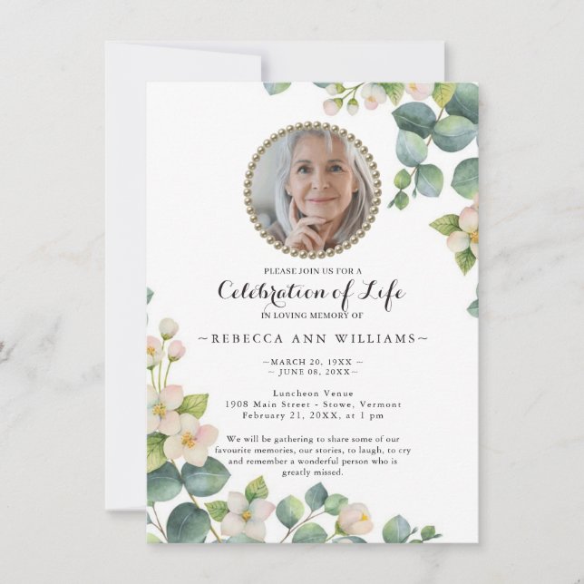 Eucalyptus Bloom Photo Celebration of Life Invitation (Front)