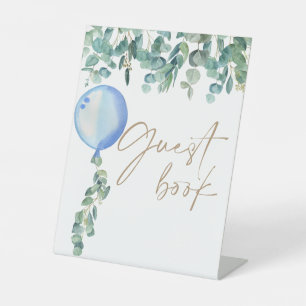 Eucalyptus Blue Balloon Baby Shower Guest Book Pedestal Sign