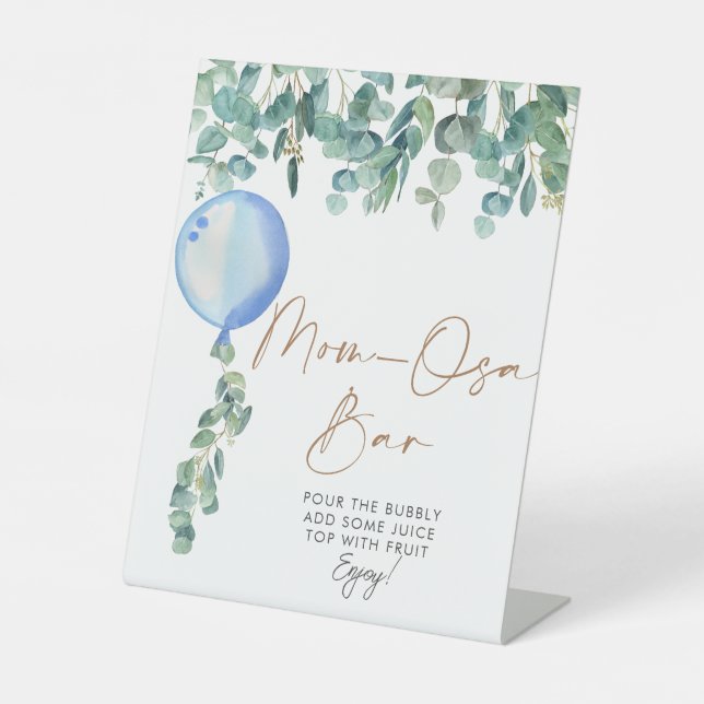 Eucalyptus Blue Balloon Baby Shower Mum-osa Bar  Pedestal Sign (Front)