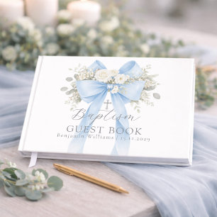 Eucalyptus Blue Bow Baby Boy Baptism Guest Book