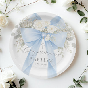 Eucalyptus Blue Bow Baby Boy Baptism Paper Plate