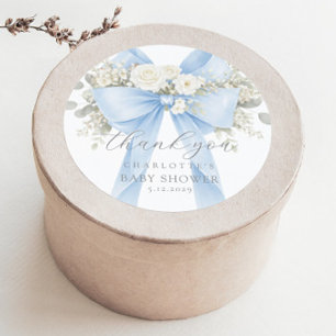 Eucalyptus Blue Bow Baby Shower Thank you Classic Round Sticker
