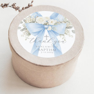 Eucalyptus Blue Bow Baptism Thank you Classic Round Sticker