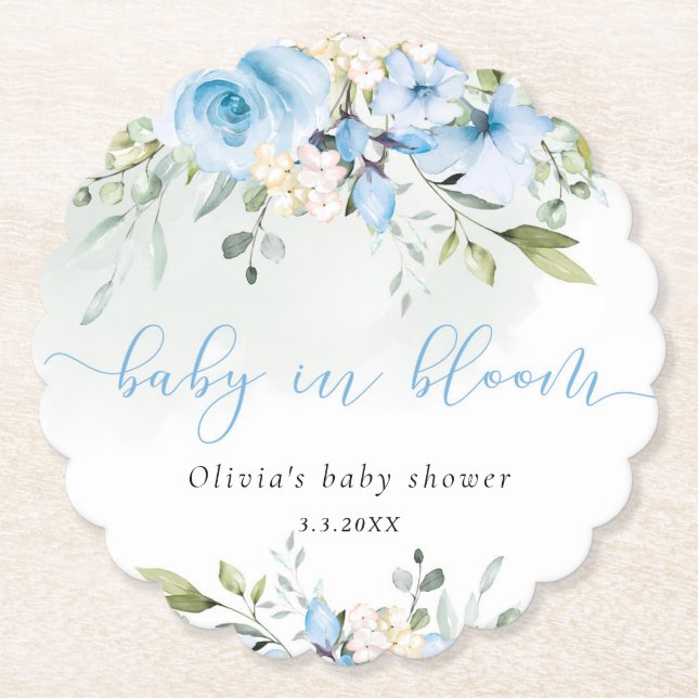 Eucalyptus blue floral baby in bloom baby shower paper coaster (Front)