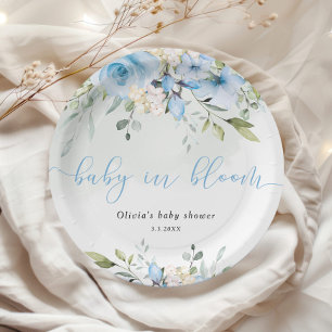 Eucalyptus blue floral baby in bloom baby shower paper plate