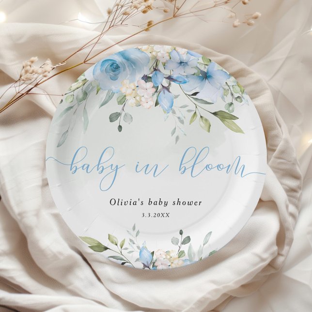 Eucalyptus blue floral baby in bloom baby shower paper plate (Creator Uploaded)