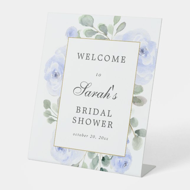 Eucalyptus Blue Floral Bridal Shower Welcome Pedestal Sign (Front)