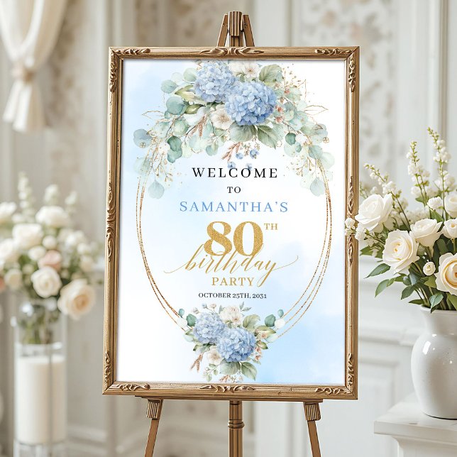 Eucalyptus & Blue Hydrangeas 80th birthday welcome Poster (Eucalyptus & Blue Hydrangeas Art 80th birthday welcome)