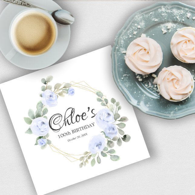 Eucalyptus Blue Rose Floral 100th Birthday Party Napkin (Creator Uploaded)