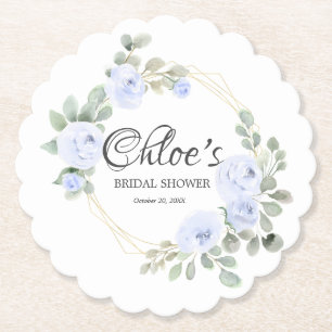 Eucalyptus Blue Rose Floral Bridal Shower Paper Coaster
