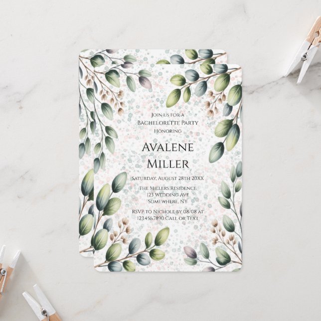 Eucalyptus Blush Alcohol Ink Bachelorette Party Invitation (Front/Back In Situ)