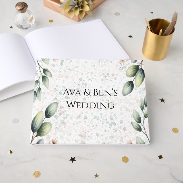 Eucalyptus Blush Alcohol Ink Wedding Guest Book (Front Open)