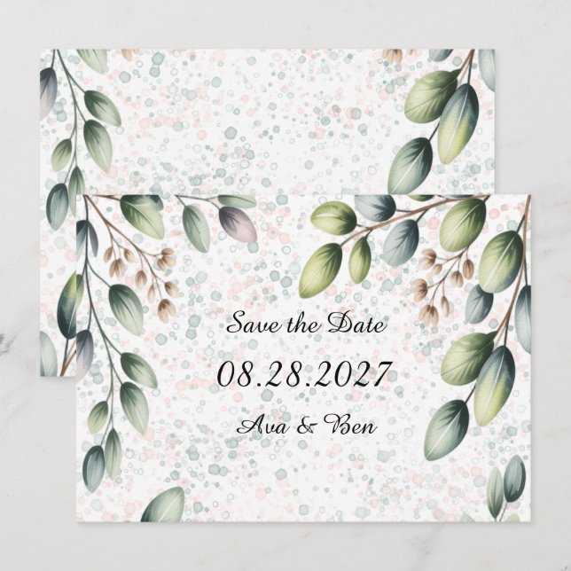 Eucalyptus Blush Alcohol Ink Wedding Save The Date (Front/Back)