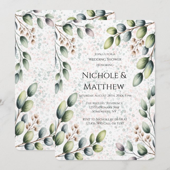 Eucalyptus Blush Alcohol Ink Wedding Shower Invitation (Front/Back)