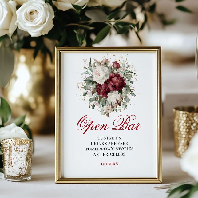 Eucalyptus Blush Burgundy Open Bar Wedding Sign (Eucalyptus Blush Burgundy Open Bar Sign)