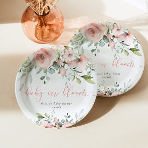 Eucalyptus blush floral baby in bloom baby shower paper plate
