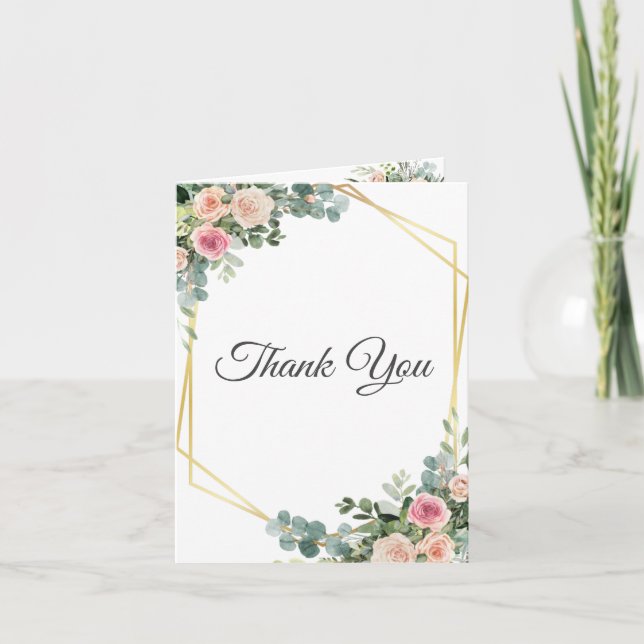 Eucalyptus Blush Pink Floral Geometric Wedding Thank You Card (Front)