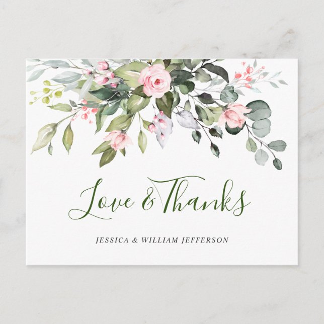 Eucalyptus Blush Pink Roses Wedding Thank You Postcard (Front)