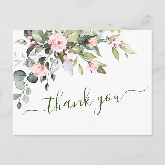 Eucalyptus Blush Pink Roses Wedding Thank You Postcard (Front)