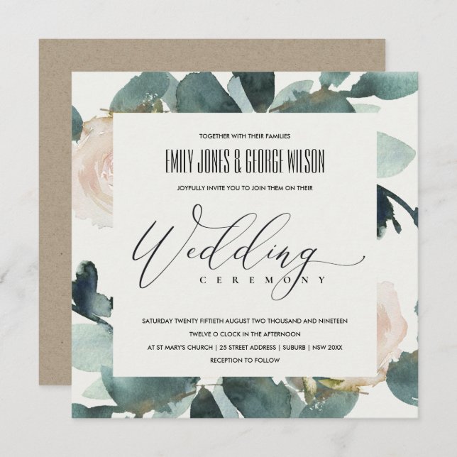 EUCALYPTUS BLUSH ROSE FOLIAGE WATERCOLOR WEDDING INVITATION (Front/Back)