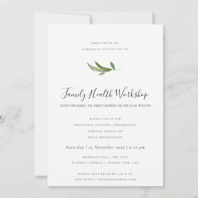 EUCALYPTUS BLUSH ROSE KRAFT BLACK WORKSHOP EVENT INVITATION (Front)