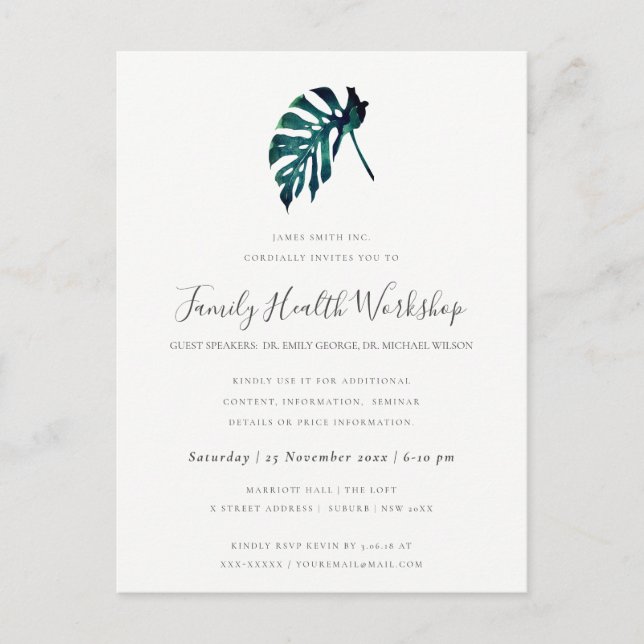 EUCALYPTUS BLUSH ROSE KRAFT NAVY WORKSHOP EVENT ANNOUNCEMENT POSTCARD (Front)