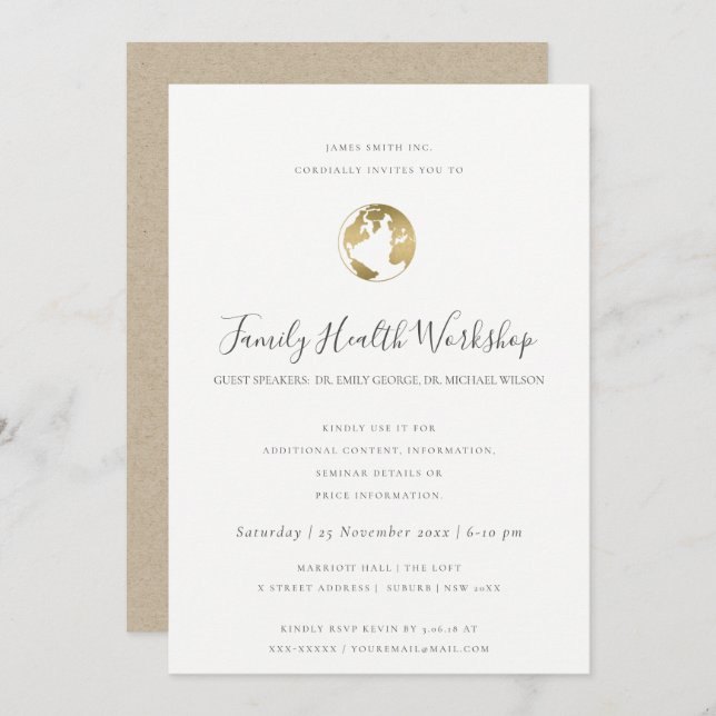 EUCALYPTUS BLUSH ROSE KRAFT NAVY WORKSHOP EVENT INVITATION (Front/Back)