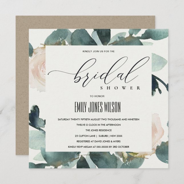 EUCALYPTUS BLUSH ROSE SOFT KRAFT BRIDAL SHOWER INVITATION (Front/Back)