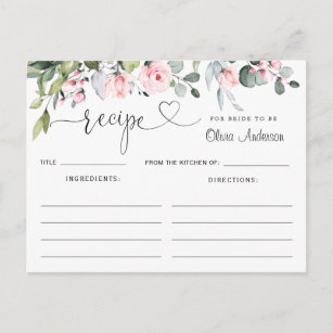 Eucalyptus Blush Roses Bridal Shower Recipe Card