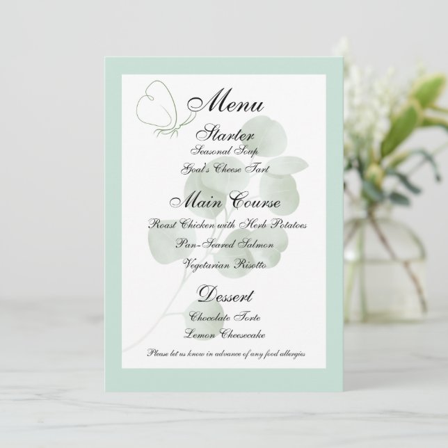 Eucalyptus Boho Wedding Menu Template,  Reception Invitation (Standing Front)