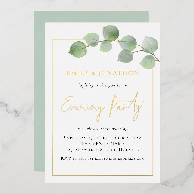 Eucalyptus Border Wedding Evening Party Gold Real (Front/Back)