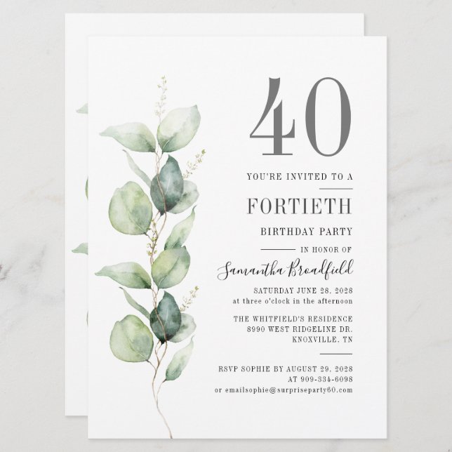 Eucalyptus Botanical 40th Birthday Party Invitation (Front/Back)