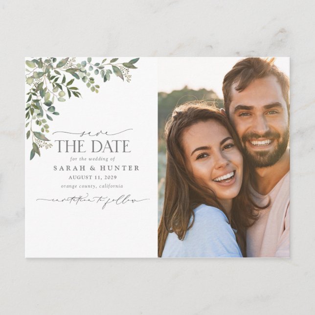 Eucalyptus Botanical Calligraphy Photo Wedding Announcement Postcard (Front)