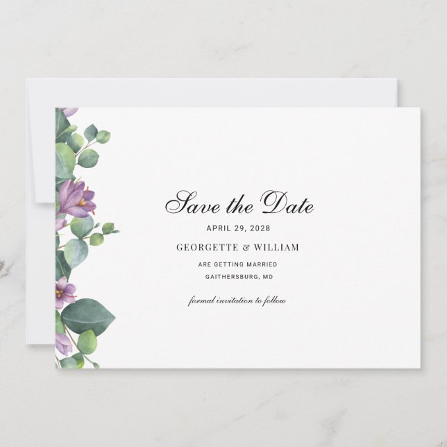 Eucalyptus Botanical Foliage Script Save The Date (Front)