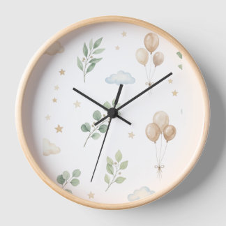Eucalyptus Botanical & Gold Balloons Wall Clock