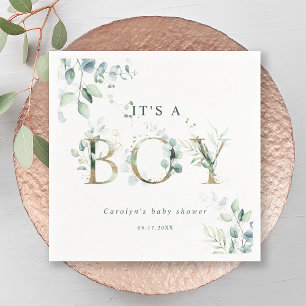 Eucalyptus Botanical Gold Letter Boy Baby Shower Napkin