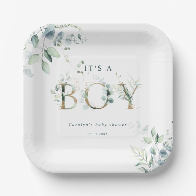 Eucalyptus Botanical Gold Letter Boy Baby Shower Paper Plate (Front)