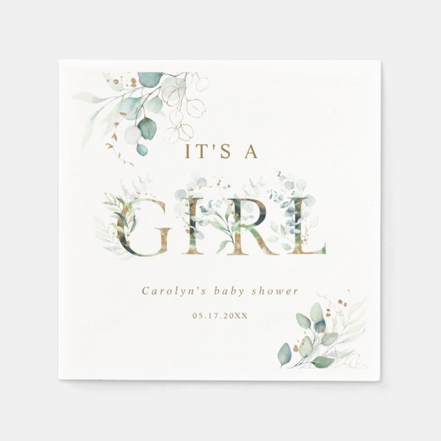 Eucalyptus Botanical Gold Letter Girl Baby Shower Napkin (Front)