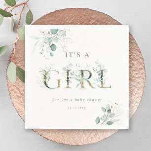 Eucalyptus Botanical Gold Letter Girl Baby Shower Napkin