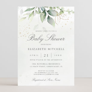 Eucalyptus Botanical Gold Modern Baby Shower Invitation