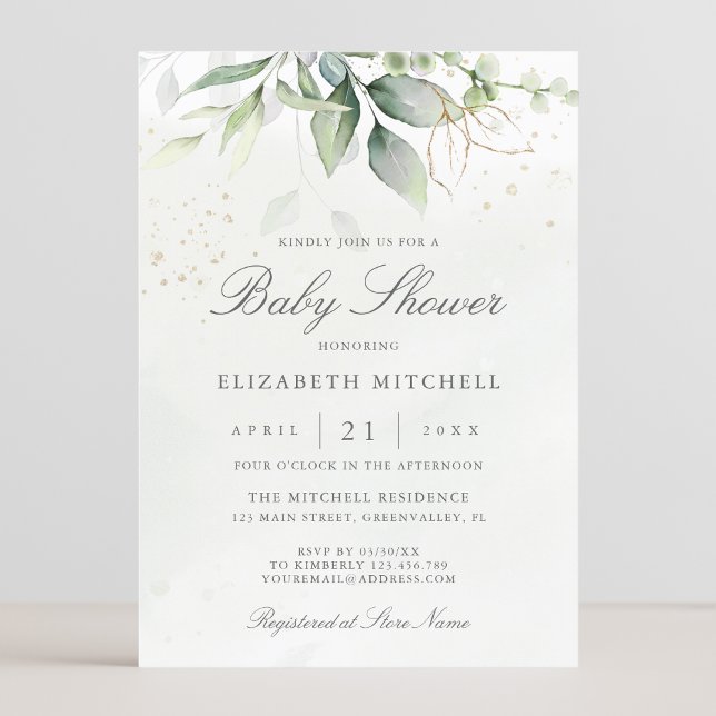 Eucalyptus Botanical Gold Modern Baby Shower Invitation (Creator Uploaded)