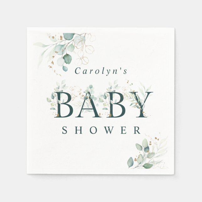 Eucalyptus Botanical Green Letter Baby Shower  Napkin (Front)