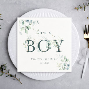 Eucalyptus Botanical Green Letter Boy Baby Shower  Napkin