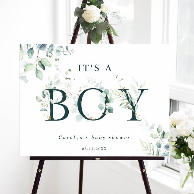 Eucalyptus Botanical Green Letter Boy Baby Shower Poster (Creator Uploaded)