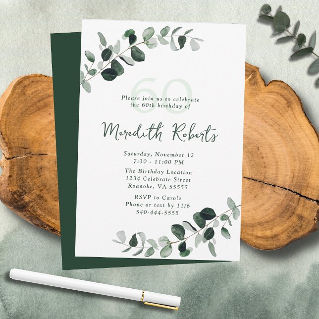 Eucalyptus Botanical Greenery 60th Birthday Invitation (Eucalyptus Botanical Greenery Nature-Inspired 60th Birthday Party Invitation)