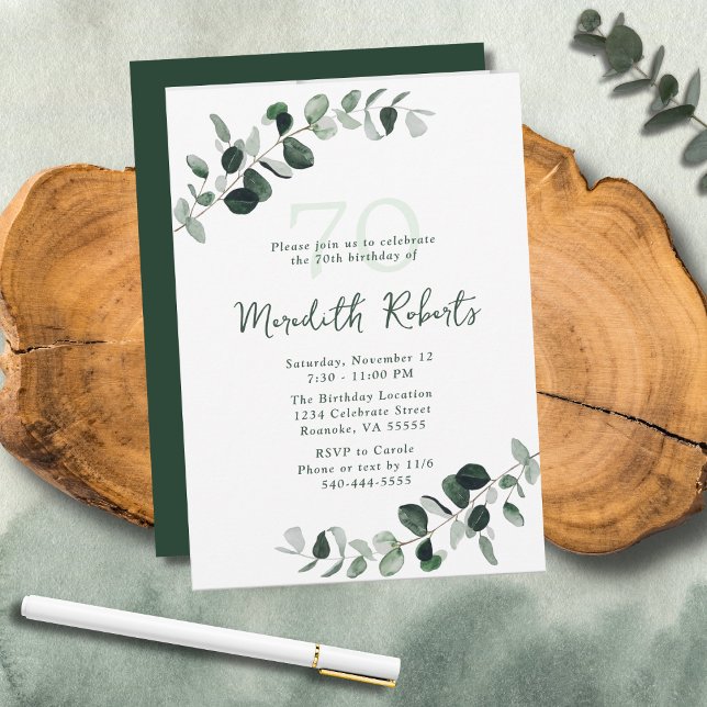 Eucalyptus Botanical Greenery 70th Birthday Invitation (Eucalyptus Botanical Greenery Nature-Inspired 70th Birthday Party Invitation)