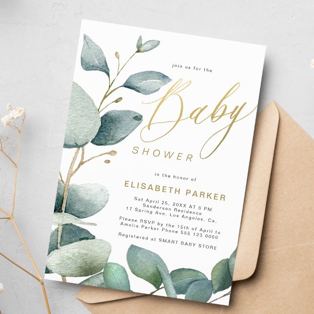 Eucalyptus botanical greenery foliage baby shower invitation (Creator Uploaded)